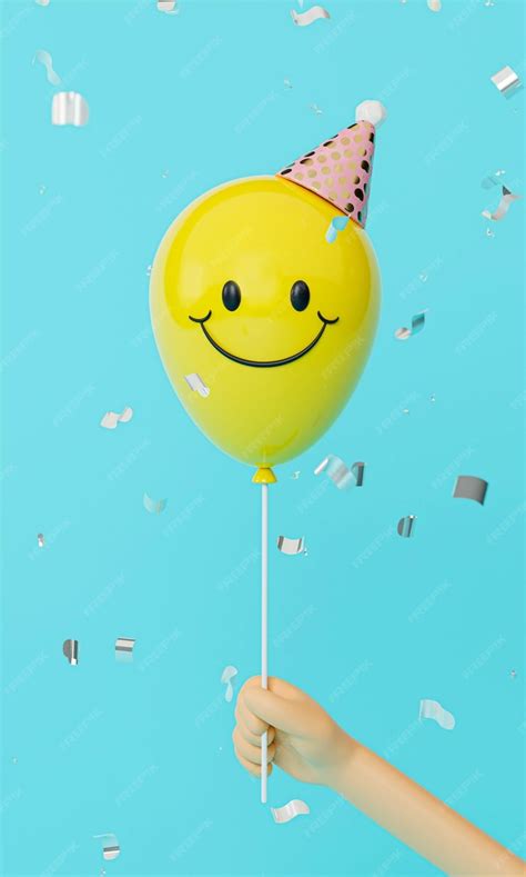 Premium Photo | 3d hand with balloons with happy smile face expressions on blue background ...