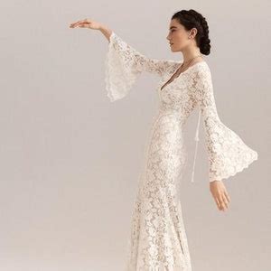 Boho Lace Flare Long Sleeves Wedding Dress Bell Sleeve Floral Etsy Canada