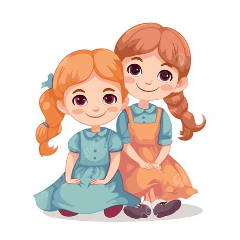 Sister Sticker Clipart Cute Young Sisters Cartoon Character Vector