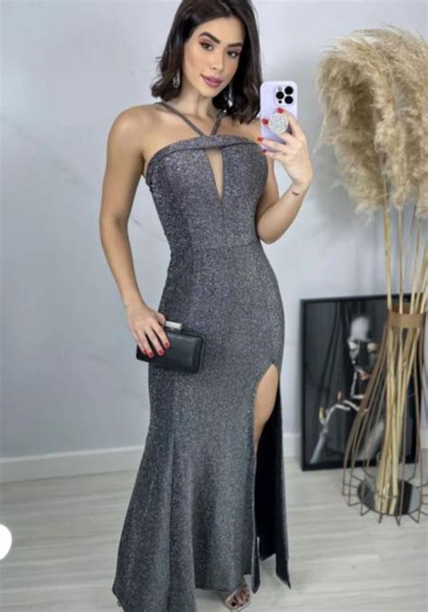 Vestido Longo De Festa Preto Lurex Fenda E Detalhe Em Tule