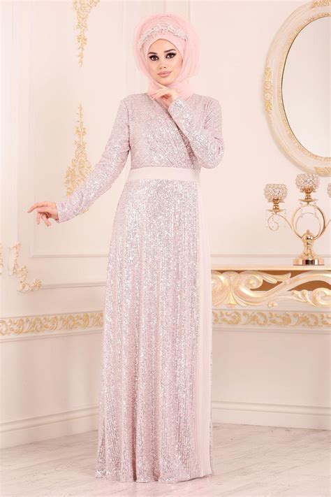 Tesettürlü Abiye Elbise Salmon Pink Hijab Evening Dress 85550smn