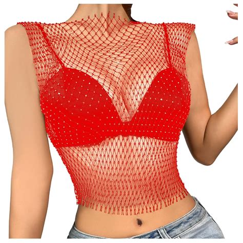 Chuou Crop Top For Women Sexy Rhinestone Mesh Tank Tops See Through