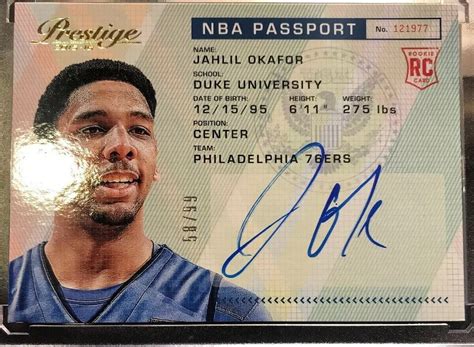 PRESTIGE JAHLIL OKAFOR 2015 16 NBA PASSPORT RC ROOKIE AUTO AUTOGRAPH