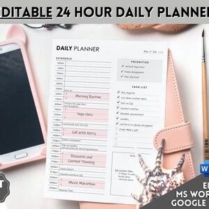 Editable Hour Daily Planner Template Hourly Planner To Do Etsy