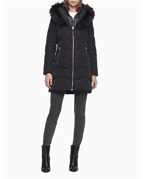 Calvin Klein Heavyweight Zip Faux Fur Hooded Puffer Jacket In Black