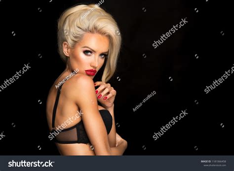Sexy Blonde Woman Black Lingerie Red Stock Photo 1181066458 Shutterstock