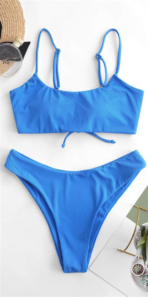 Zaful Lace Up Ribbed High Leg Bikini Swimsuit Ocean Blue