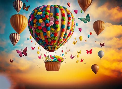 Premium AI Image A Colorful Hot Air Balloon With A Bunch Of Butterflies Flying In The Sky