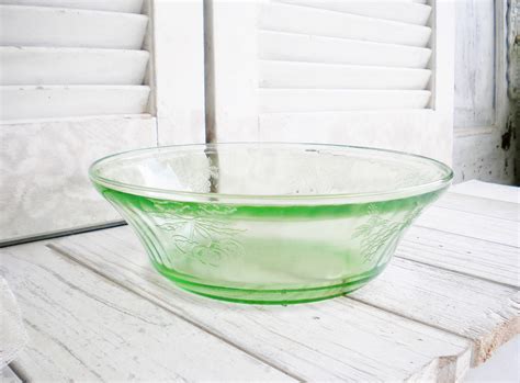 Sale Green Vaseline Depression Glass Fruit Bowl With Etching Etsy