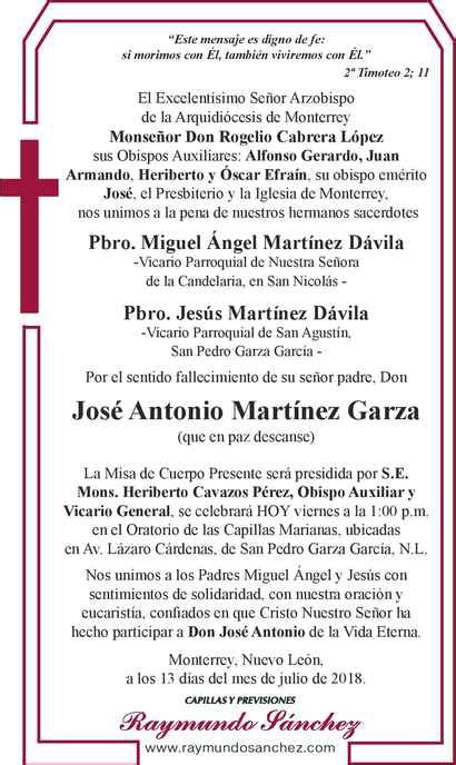 Don Jos Antonio Mart Nez Garza Obituario Esquela