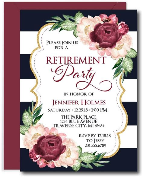 Floral Retirement Invitations Featuring A Navy Background And Marsala Watercolor Florals Buy