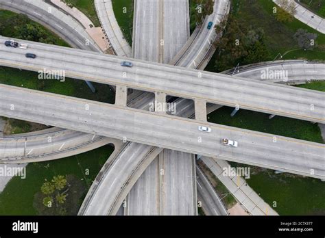 Aerial View Above The Four Level Interchange In Downtown Los Angeles