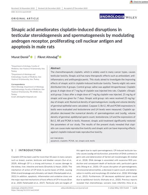 Pdf Sinapic Acid Ameliorates Cisplatininduced Disruptions In