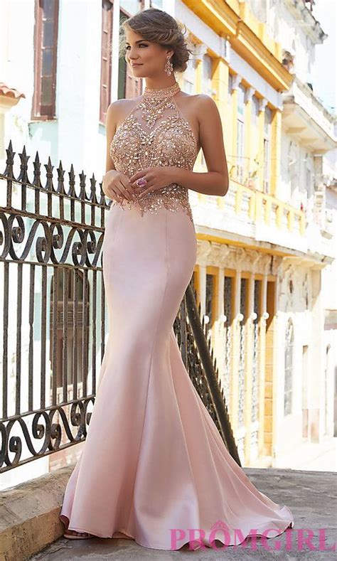 Halter Mermaid Prom Dress With Sheer Illusion Bodice Blush Prom Dress