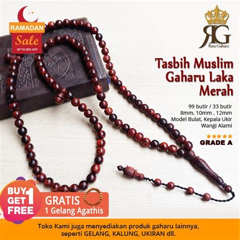 Jual Tasbih Kayu Gaharu Laka Merah Wangi Alami GRADE A Kepala Ukir Asli