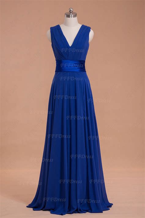 V Neck Royal Blue Long Bridesmaid Dresses With Slit Fffdress