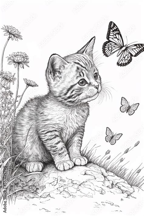 kitten and butterfly coloring page generated image ilustración de