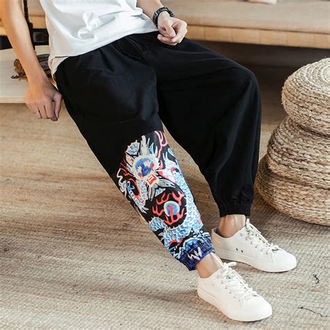 100 Cotton Men Pants Autumn Loose Print Casual Elastic Waist Trousers