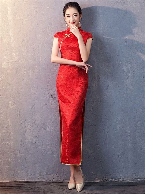 Red Woven Floral Long Qipao / Cheongsam Wedding Dress | Red chinese ...