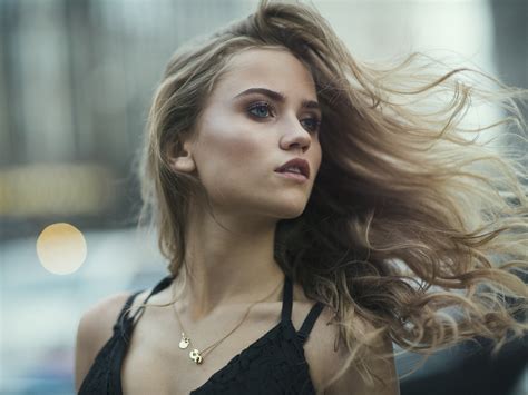 Women Blonde Blue Eyes Portrait Necklace Depth Of Field