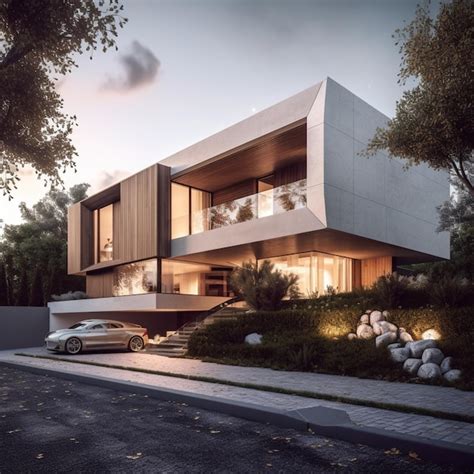 Premium AI Image Arafed Modern House With A Car Parked In Front Of It