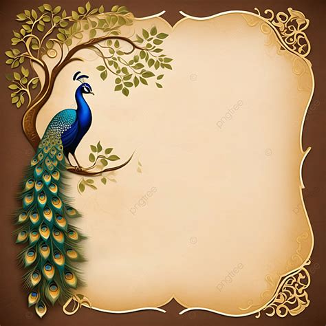 Wedding Invitation Card Peacock Background Golden Peepal Tree Leaves