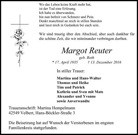 Traueranzeigen Von Margot Reuter Trauer In Nrw De