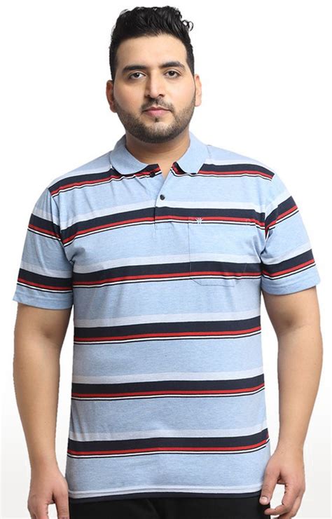 Venitian Men Plus Size Striped Polo Neck Cotton Blue T Shirt With Pocket