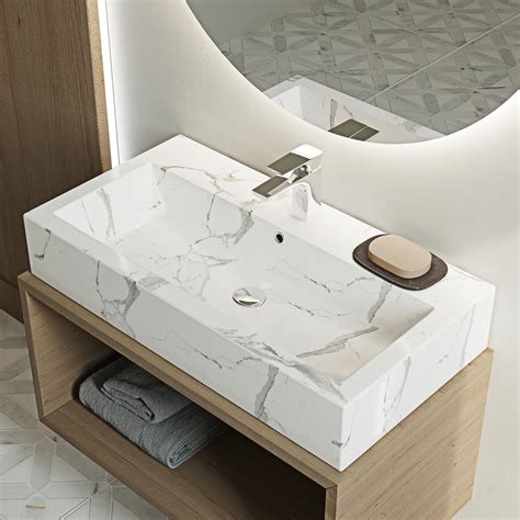 Voltaire Wide Rectangle Vessel Sink In White Marble Wall Hung Sink Sink Marble Bathroom Sink
