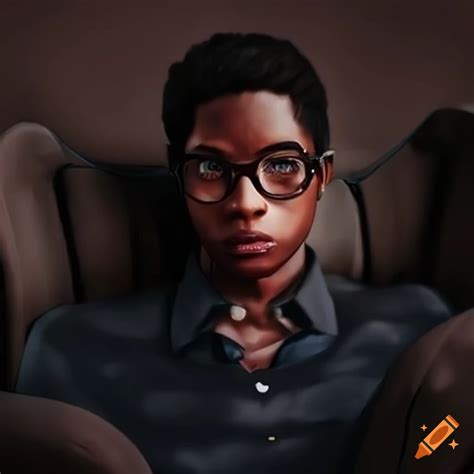 Black Realistic Anime Wearing Glasses Sitting In An Armchair On Craiyon