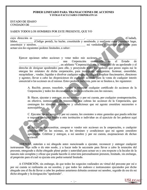 Idaho Poder Notarial Limitado Para Transacciones De Acciones Y Poderes