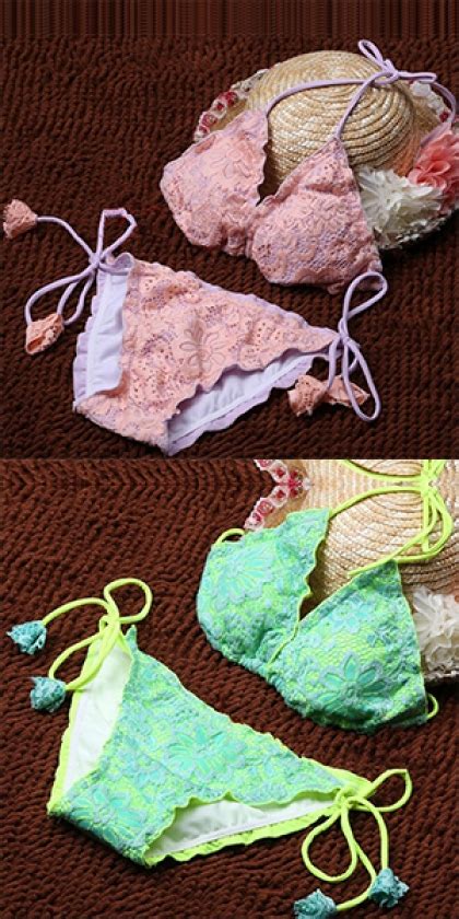 Sexy Solid Color Lace Halter Bikini Set