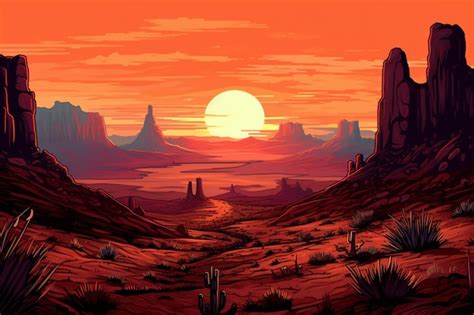 Ilustração de uma paisagem desértica um pôr do sol ao fundo