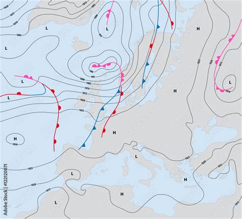 Imaginary Weather Map Europe Showing Isobars And Weather Fronts Stock