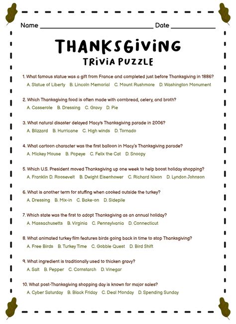 Thanksgiving Printable Trivia
