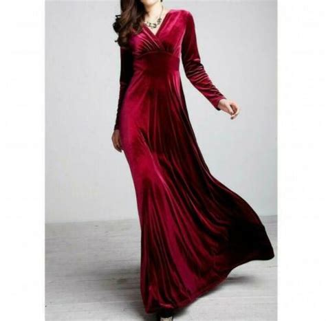 Womens Velvet Long Dress Long Sleeve Sexy V Neck A Line Elegant Evening Ebay