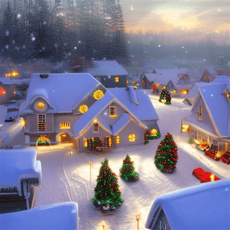 Aerial View of Snowy Christmas Village with Christmas Lights · Creative Fabrica