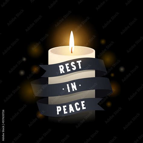 Rest in peace text in black ribbon with roll around candle light on ...