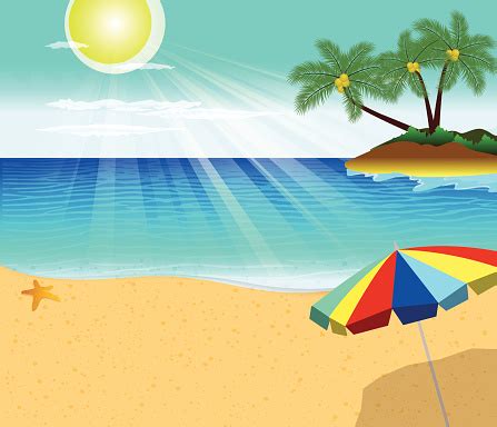 tropical beach  palm trees  umbrella stock illustration