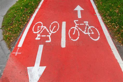 Bike Lane Or Red Road With Signs Of Bicycles Stock Photo Image Of