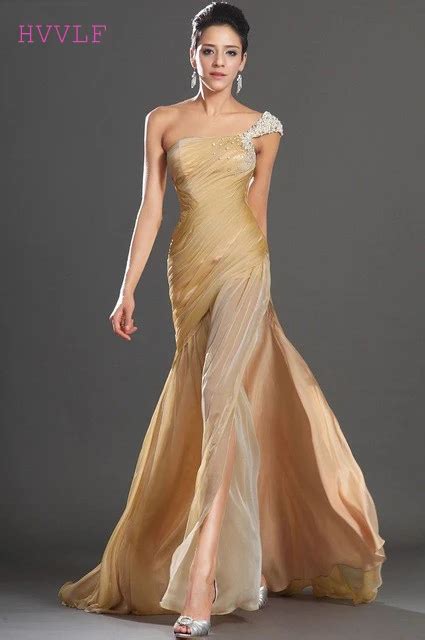 Champagne Evening Dresses 2019 Mermaid One Shoulder Chiffon Pearls Plus Size Long Evening Gown