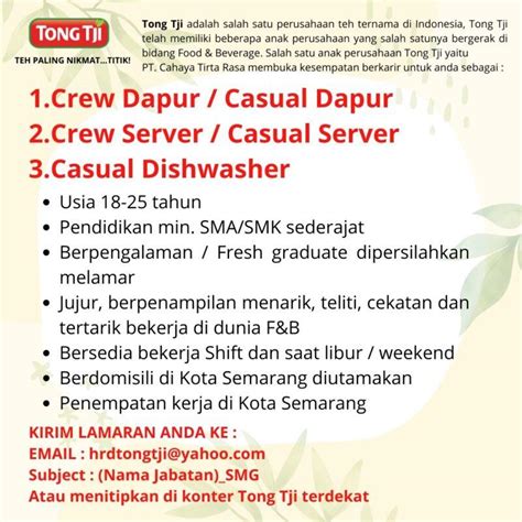 Lowongan Kerja Crew Dapur Crew Server Casual Dishwasher Di PT