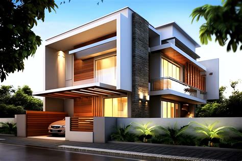 Beautiful modern house exterior with carport. Modern residential district and minimalist ...