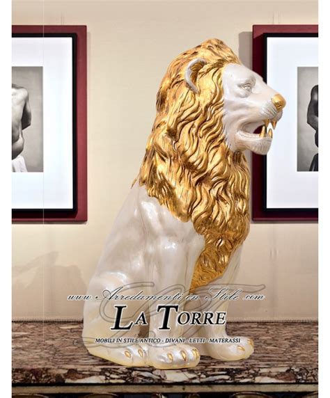 Lion Sculpture Ceramic Statue Open Mouth Pearl White Leaf Gold