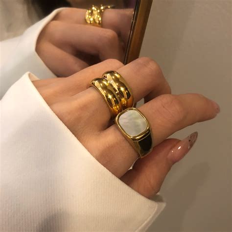 18K Gold Chunky Ring With White Shell Thick Ring Cigar Ring Etsy