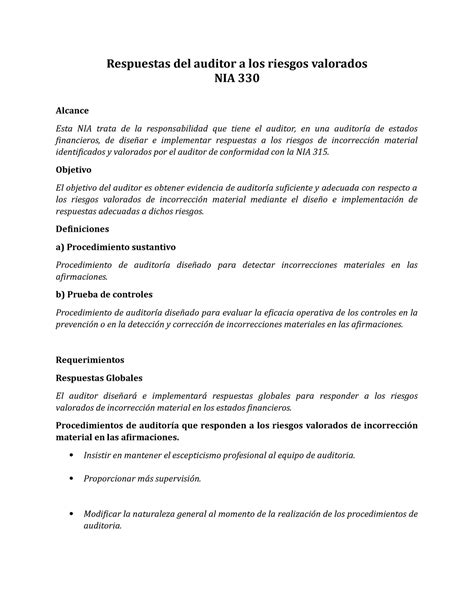 6 Nia 330 Nia Respuestas Del Auditor A Los Riesgos Valorados Nia