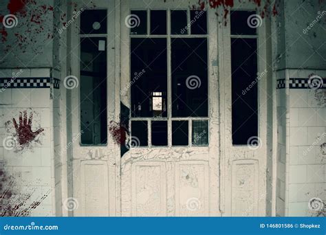 Creepy Bloody Door Of The Haunted Asylum Abandoned And Decayed