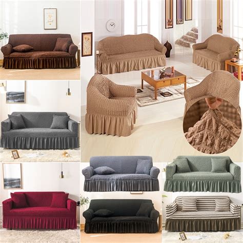 Universal Seersucker Sofa Cover With Skirt 1 2 3 4 Seater L Shaped