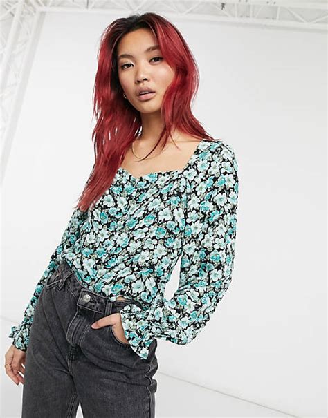 And Other Stories Square Neck Puff Sleeve Blouse In Green Floral Multi Asos