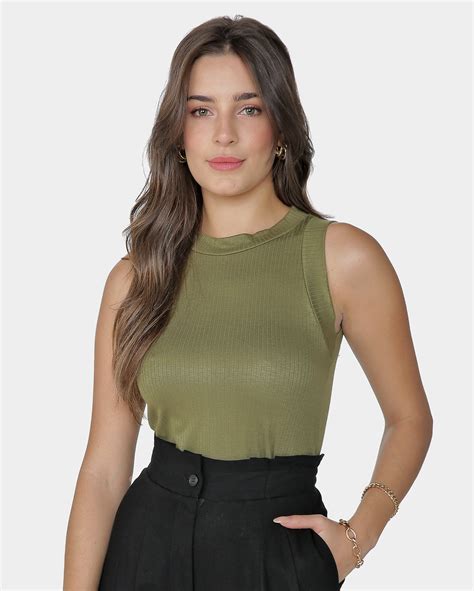 Riachuelo Regata Cropped Feminina Malha Canelada Verde Musgo Ak By